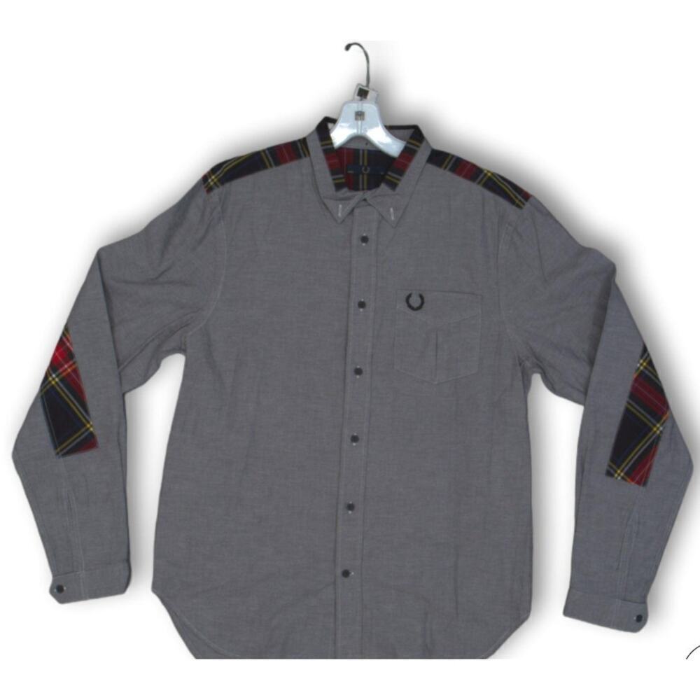 Fred Perry Gray Cotton Plaid Long‎ Sleeve Pocket Button-up 40
